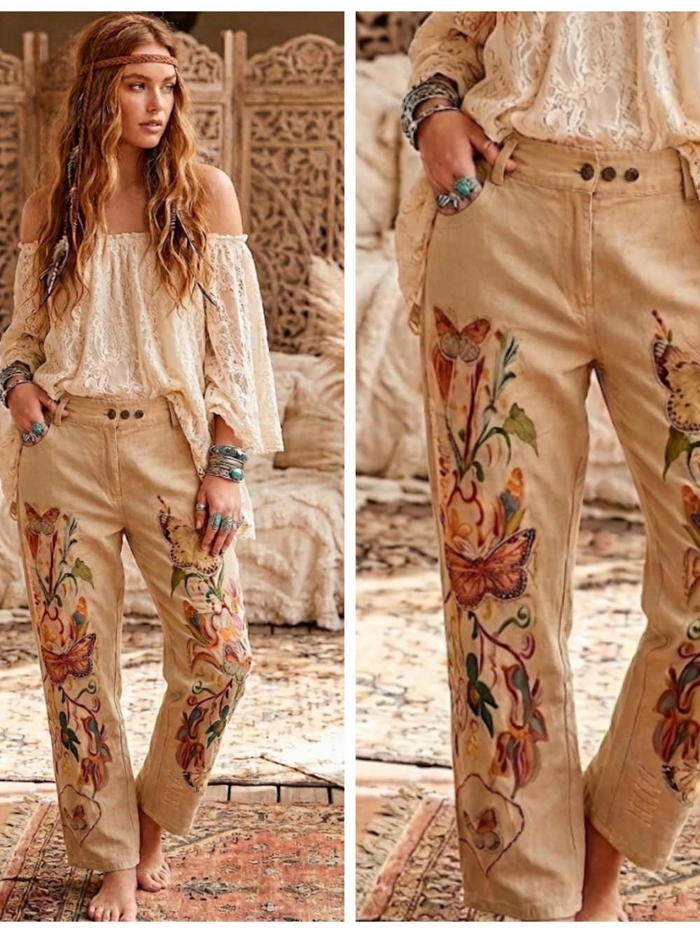 Embroidered Tan Straight-Leg Pants with Butterfly Floral Detail